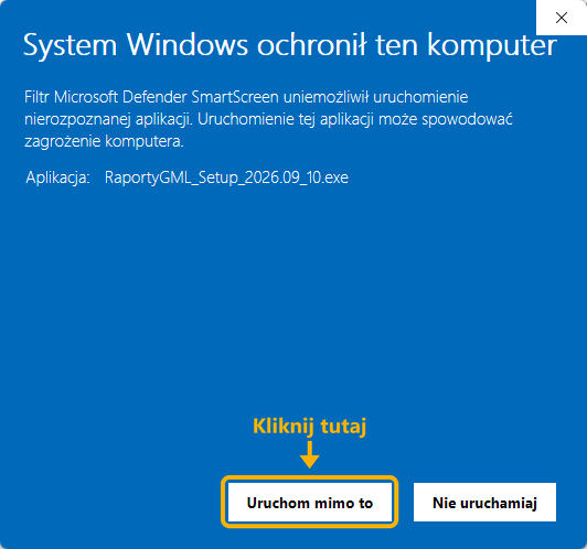 Okno Windows „System Windows ochronił ten komputer” z przyciskami Więcej informacji i Uruchom mimo to
