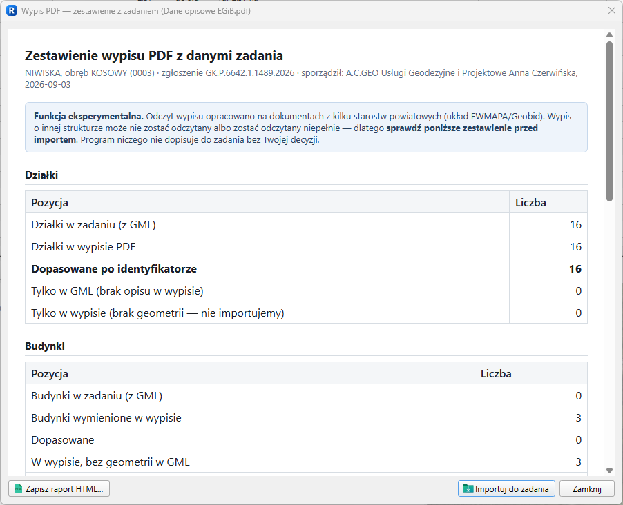 Import danych opisowych EGiB z wypisu PDF w RaportyGML